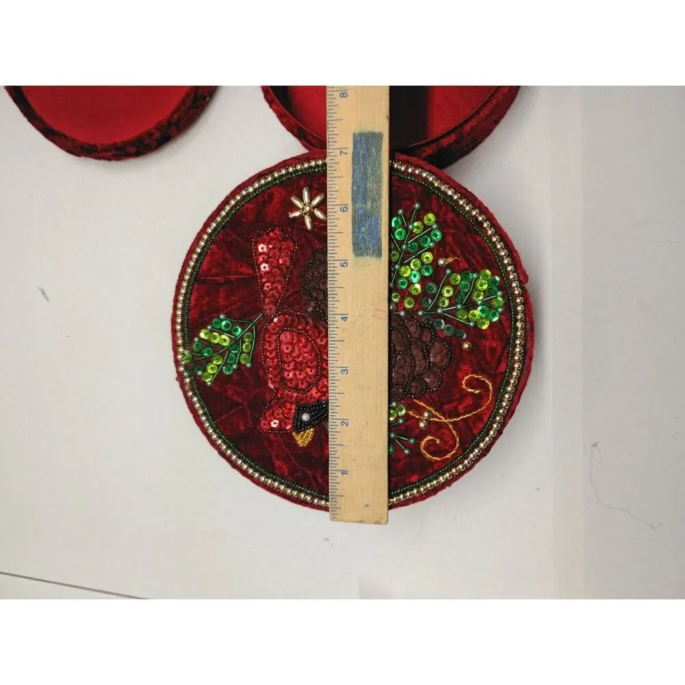 Vintage Red Velvet Christmas Gift Boxes Trinket Home Decor Cardinals Stackable